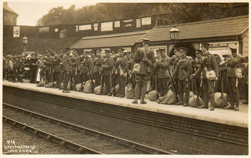 Members of the Herefordshire Regiment on mobilisation 5 Aug 1914, awaiting transport to join the rest of the Bn at Hereford