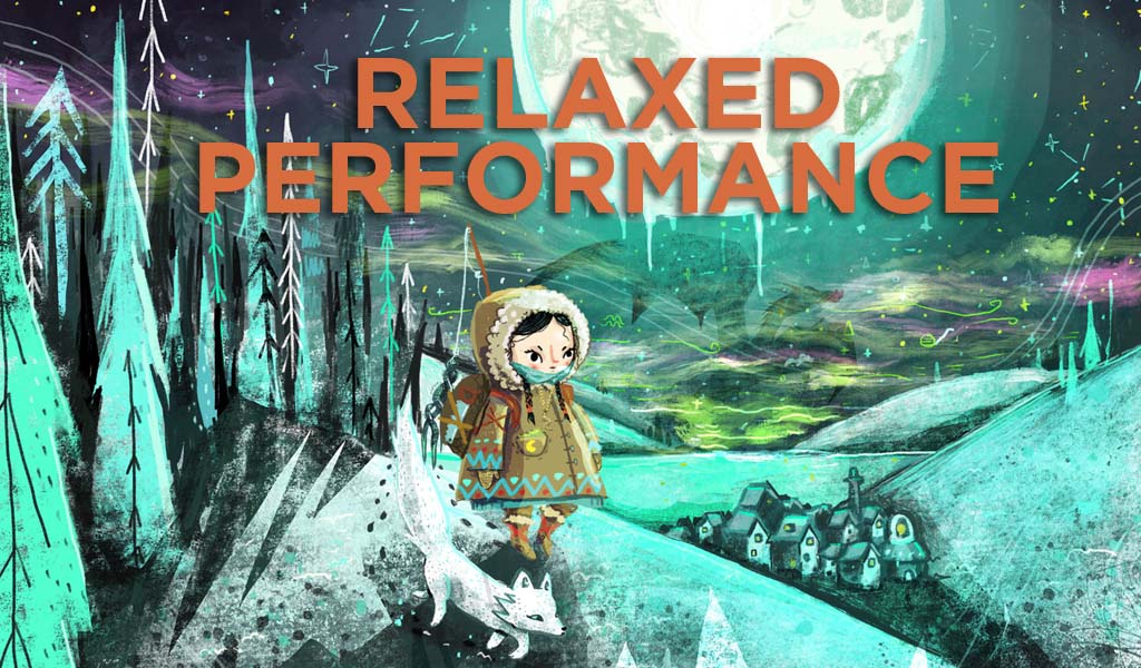 Girl stands under a frozen moon with dog, with the words Relaxed Performance