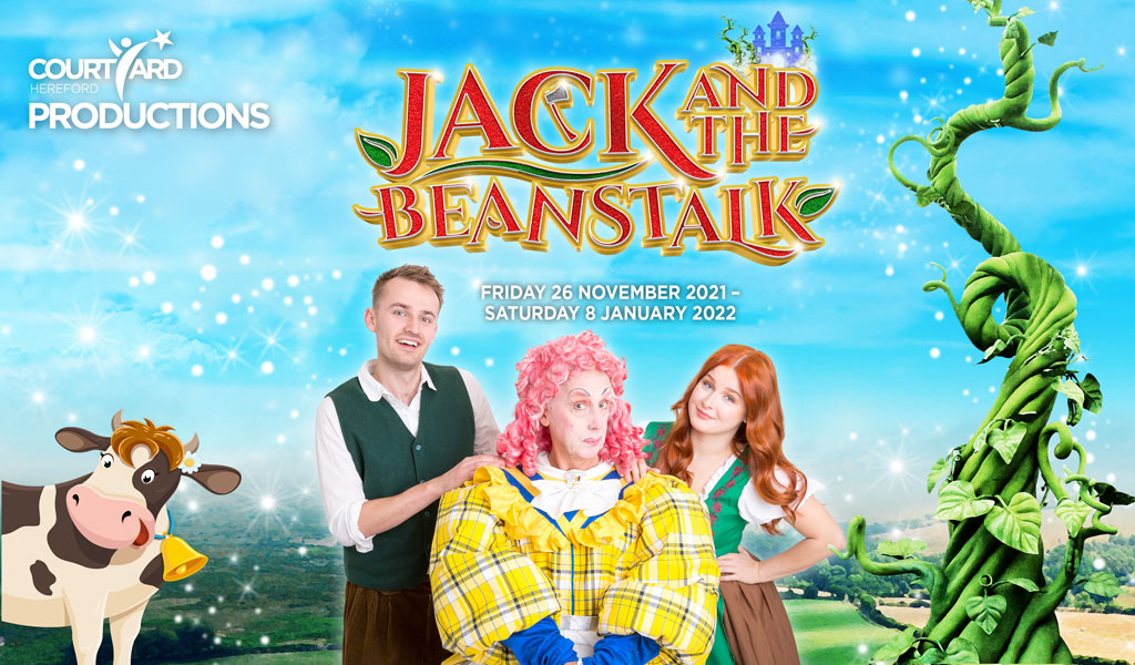 Jack & The Beanstalk, three characters, Jack, Dame and Blossom stand in front of a blue sky with a beanstalk and a cow