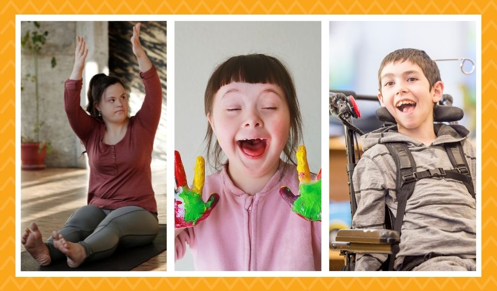 Be A Star Week - Image: a young girl sitting on the floor stretching, a child holding her hands up covered in paint, a young boy in a wheelchair