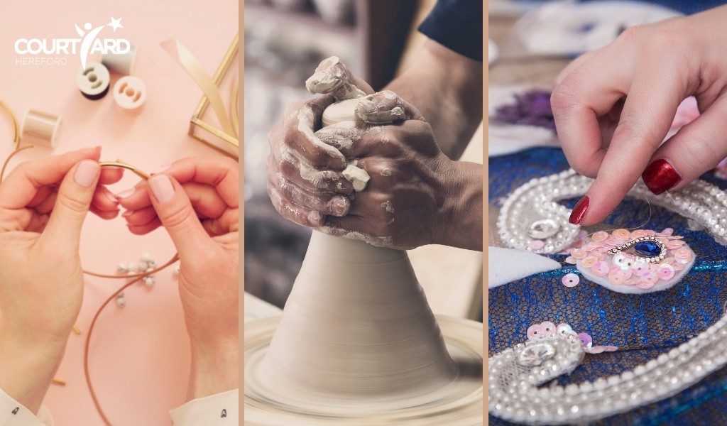 Three images side by side of hands creating jewellry, moulding clay on a potters wheel and threading a sequin