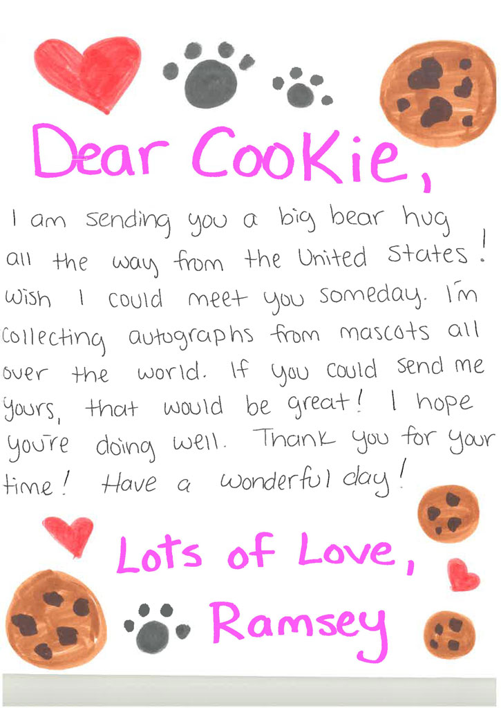 A letter to Cookie The Courtyard Bear from Ramsey (text in blogpost)