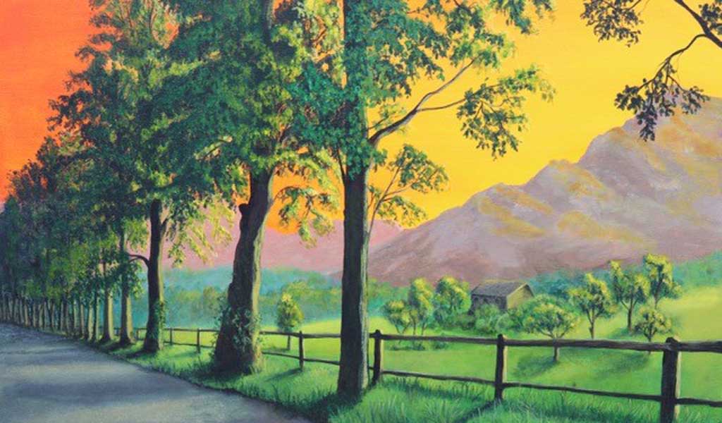 Painting of sunset and trees