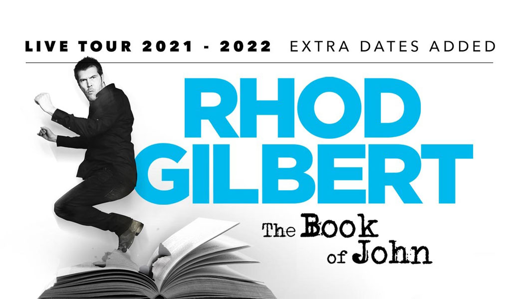 Rhod Gilbert title image with Rhod jumping out of a book
