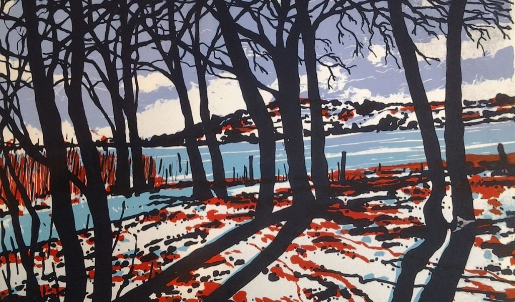 A painting of a some trees in front of a lake covered in snow