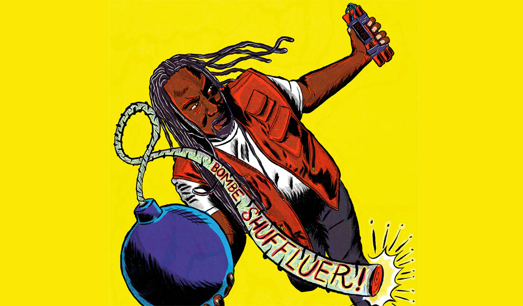 Illustration of Reginald D Hunter holding a bomb and wearing a sash that says "Bombe Shuffleur"