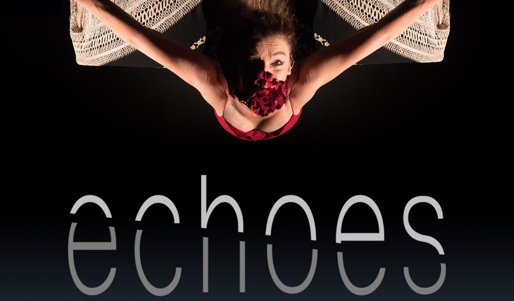 Echoes, image of a woman hanging from some fabric with a red face mask, facing the camera