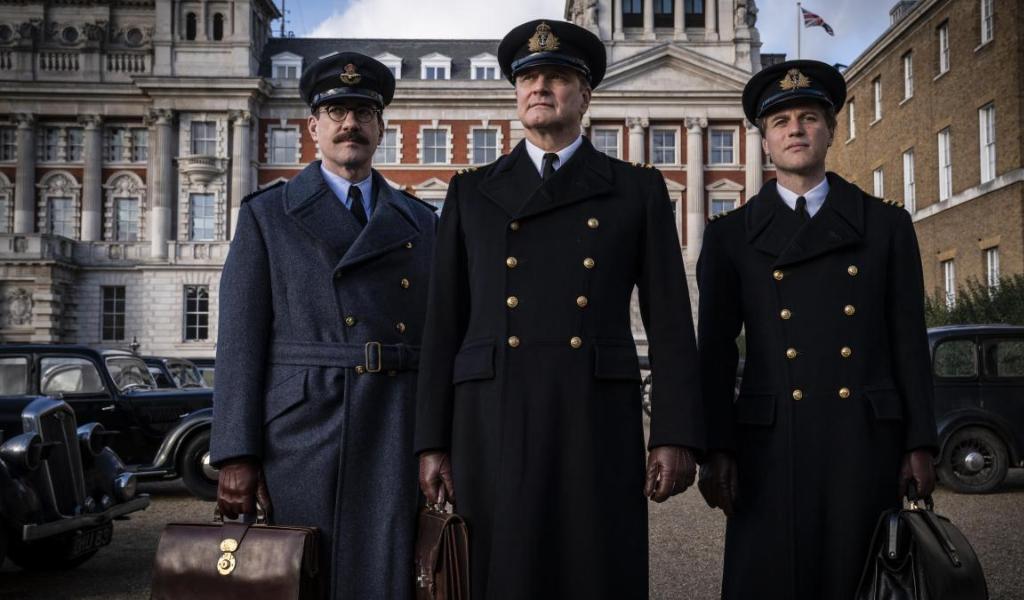 Operation Mincemeat (12A), Image: Colin Firth and Matthew Macfadyen stand in military uniforms holding briefcases