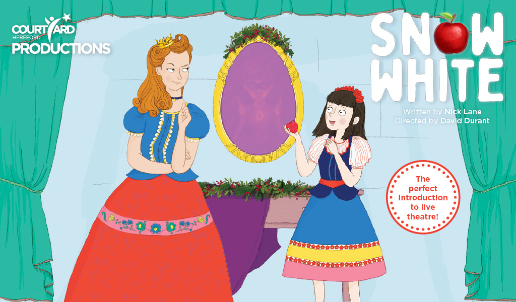 An illustration of Snow White holding a red apple next to the queen in front of a magic mirror