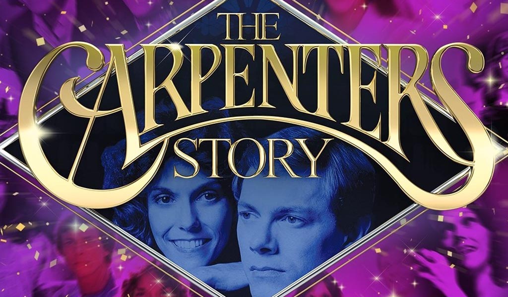 The Carpenters Story, title written over the top of a purple background and an image of a man and woman inside a blue diamond