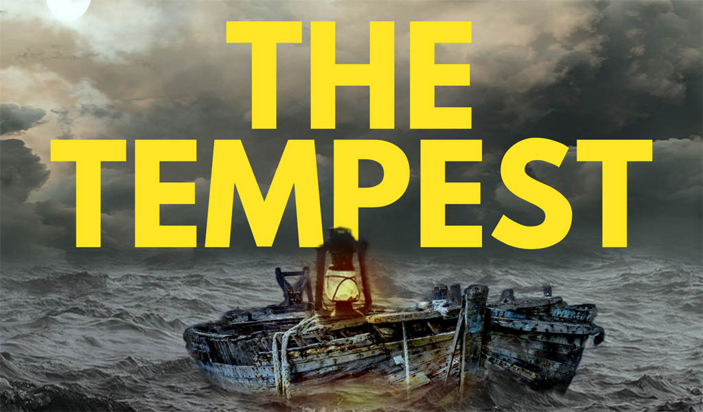 The Tempest, image: a boat with a single lantern lit surrounded by stormy seas