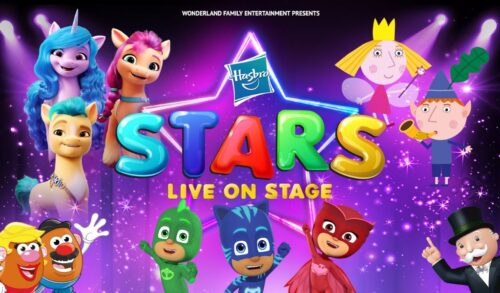 The Stars logo is surrounded by animated characters such as Mr and Mrs Potato Head My Little Pony and the Monopoly man