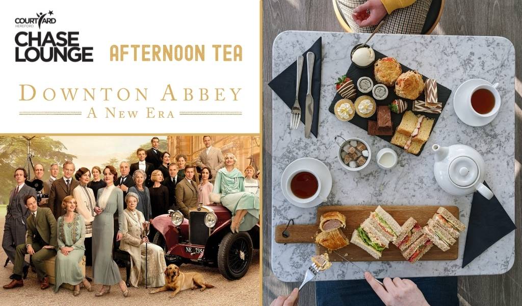 Downton Abbey: A New Era (PG) Afternoon Tea, Image: Left - The entire cast stand outside Downton Abbey surrounded by old film lighting equipment. Right - A table in The Courtyard Chase Lounge with a wooden board full of sandwiches and a plate of sweet treets including traybakes, strawberrys and scones for afternoon tea