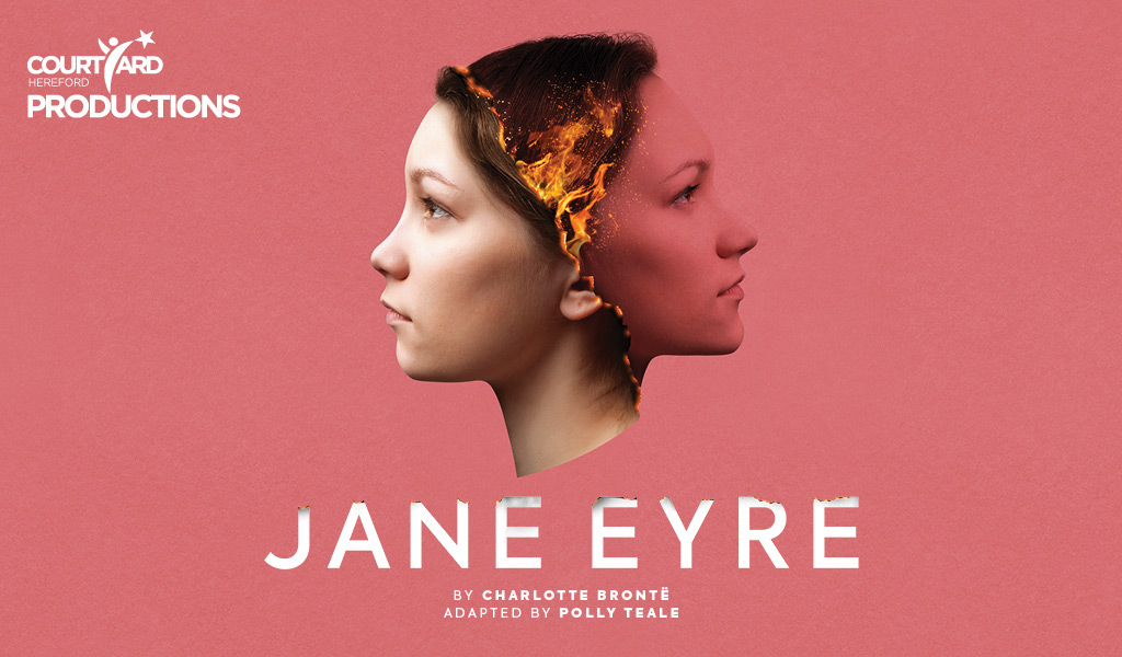 Jane Eyre: A salmon pink paper texture background with the side profile of two faces back to back. One a young girl, the other a young woman. The heads are joined with flames. Written underneath is Jane Eyre, by Charlotte Bronte, Adapted by Polly Teale