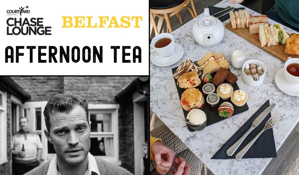 Belfast Afternoon Tea, image - Left: Jamie Dornan stands looking at the camera, Right: a selection of traybakes, cakes and sandwiches next to a pot of tea