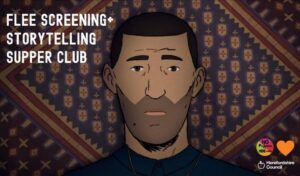 Animated image of a man against a patterned background. The text reads 'Flee screening plus storytelling supper club'