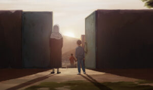 An animated image of two young children and a woman wearing a head scarf, looking out of some gates at a sunrise