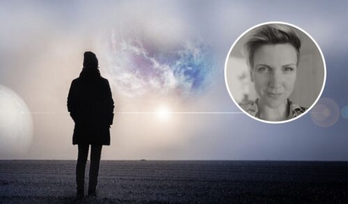 A dramatic evening sky with a silhouette of a person In a round frame there is a black and white photo of a lady who has cropped blonde hair