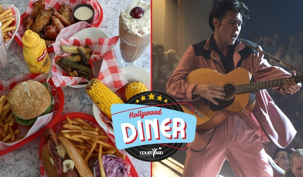 The Hollywood Diner, Image - On the left is a table filled with American food such as Burgers and Hot Dogs, on the right is Austin Butler performing as Elvis in a pink suit in the film Elvis