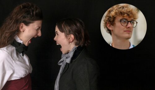 Notes On Loving image two women in Shakesperean dress screaming at each other next to an image of the composer Jacob Fitzgerald