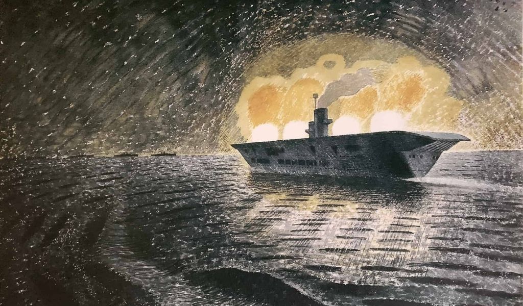 A painting of a large steam boat on the sea, it's lights are lighting up the night sky