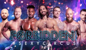 A line of topless men smiling at the camera above the title and the words sexy circus'