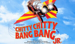 'Chitty Chitty Bang Bang Jr' below an image of a flying car with wings against a blue sky