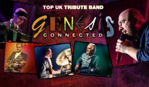 'Genesis Connected' written above a series of images of band members playing instruments