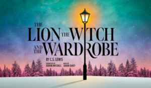 'The Lion The Witch and The Wardrobe by C.S Lewis' written over an image of a single lit lamp post surrounded by snowy fir trees