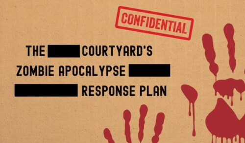 The cover of a document The text read The Courtyards Zombie Apocalypse Response Plan with white marks having redacted some words Above the text is a red stamp that reads Confidential In the bottom right of the image are two blood red hand prints