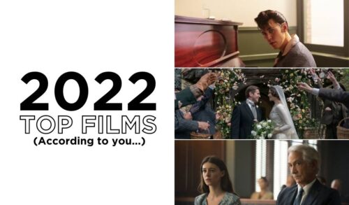 2022 Top Films According to You 3 film stills 1 Elvis Austin Butler sits at a piano and looks at the camera 2 Downton Abbey A New Era A couple embrace after getting married 3 Where the Crawdads Sing a young woman sits in court next to her lawyer an older man