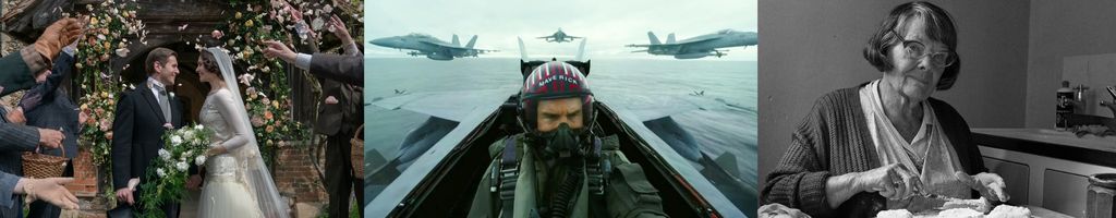 3 still images from films. 1. Downton Abbey: A New Era, A couple embrace on their wedding day as guests throw petals at them. 2. Top Gun: Maverick, Tom Cruise sits in a fight jet flying over the ocean. 3. Belfast, Judi Dench sits in a kitchen buttering bread.