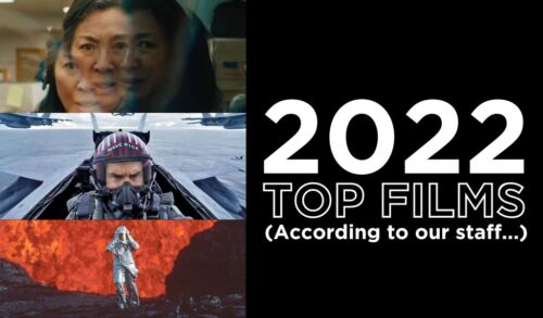 2022 Top Films According to Our Staff 3 still images from films The first is a woman whose face is being relected by cracked glass The second is Tom Cruise in a fighter jet in Top Gun Maverick The third is a person in a silver protective suit stood in front of an active volcano
