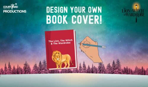 A graphic of a hand writing next to a book with a lion on the front cover The background is a snowy landscape of fir trees The writing reads design your own book cover The Lion the Witch  the Wardrobe