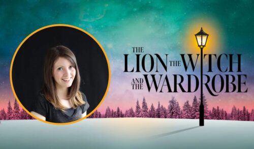 A headshot of a girl with shoulder length brown hair in a yellow circle the image is against a background of a snowy landscape with fir trees in the background On the right of the image is the text The Lion The Witch and The Wardrobe with a glowing lamppost