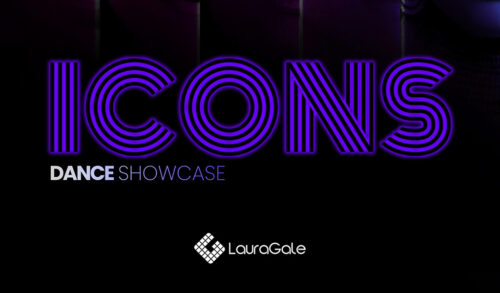 The word Icons written in blue lines across a black background Underneath it reads dance showcase