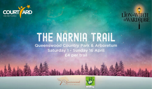 A watercolour background with writing over the top that reads The Narnia Trail Queenswood Country Park  Arboretum Saturday 1  Sunday 16 April 4 per trail