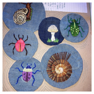 A collection of embroidered pieces of artwork including insects, fungi and shells.