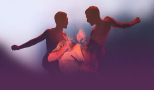 Two images of two dancers superimposed together over a purple background.
