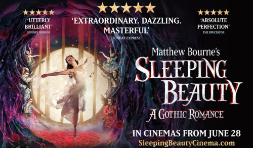 An image of a ballet dancer in a woods the words on it read Matthew Bournes Sleeping Beauty  A Gothic Romance