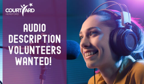 A blonde woman wearing headphones talks in to a microphone Over the top text reads Audio Description Volunteers Wanted