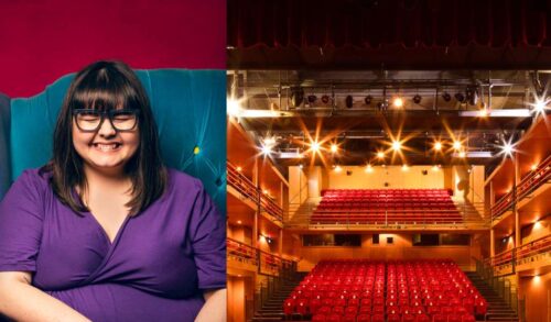 Split frame image on the left standup comedian and fat advocate Sofie Hagen sits in a teal chair she is smiling directly at the camera On the right The Courtyard Main House seats a shot of the full auditorium with stage lights shining around them