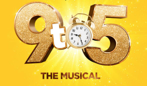 Image A yellow background with text in the middle which reads nine to five the music