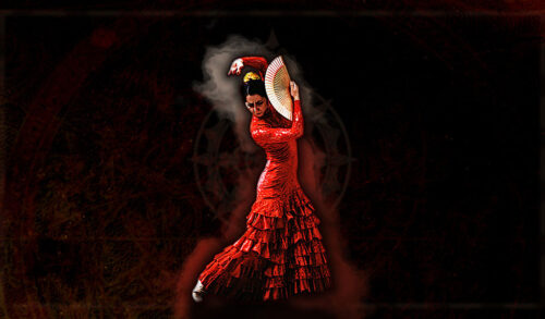 A flamenco dancer in a striking pose holding a fan next to her head There is a black and red background with a smudge effect surrounding her silhouette