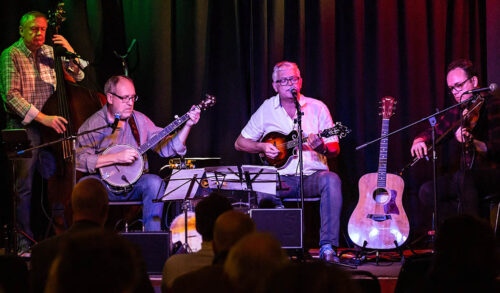 Image The Grey Wolf band all sat at their instruments playing in a concerts From left to right a man playing the double bass A man playing a banjo A man playing a guitar and another playing the fiddle