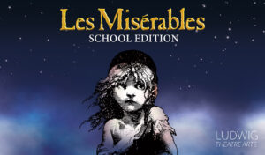 Les Miserables School Edition. A blue cloudy night sky background, with a line drawing of a young girl.
