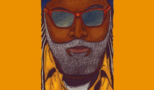 a yellow background with an illustration of comedian Reginald D Hunter