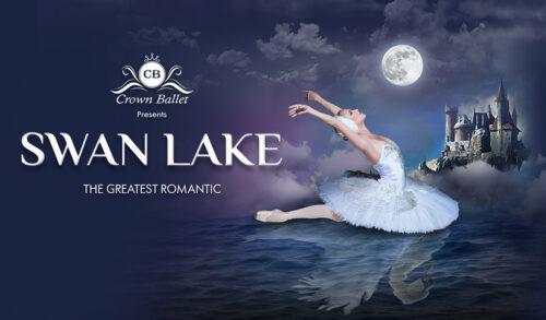 Image A ballerina dressed as a swan is posing to mimic the appearance of a swan Her arms are behind her head to represent wings and her feet outstretched behind her to represent the body There is a castle and a full moon in the background She is posing atop a lake and the reflection that appears underneath her is that of a swan Text Crown Ballet presents Swan Lake The greatest romantic