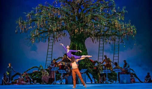 A male dancer lifts a female dancer into the air over his shoulder in front of a tree