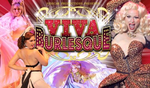 Image Four burlesque performers surround the text One dressed in leopard print one dressed in a long flowy blue costume another with her back towards the camera looking over her shoulder winking at the camera And another in a light pink flowy outfit with her hair in a beehive style Text Sidecar productions presents Viva Burlesque